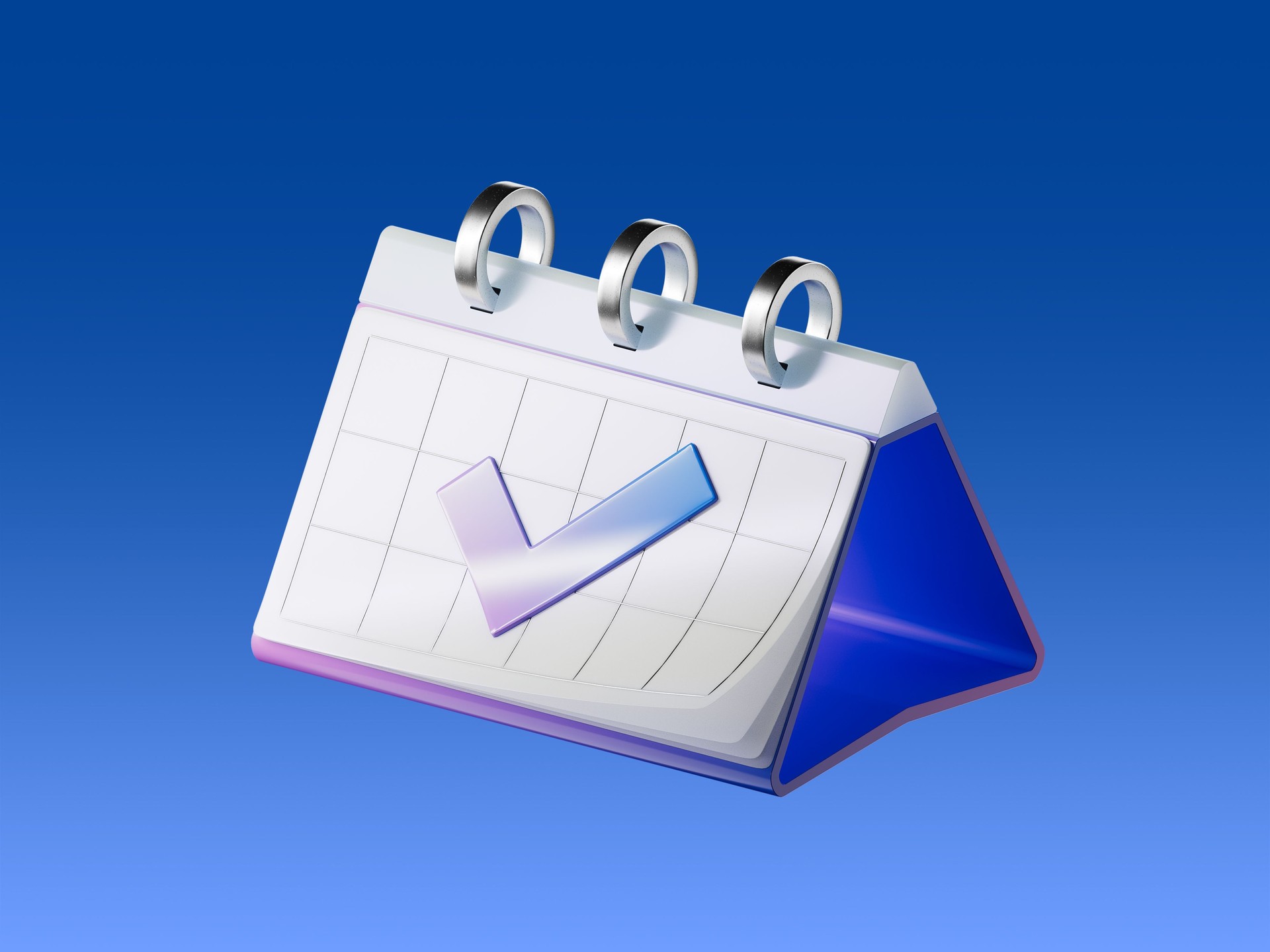 3D icon of a calendar with a check mark, representing successful scheduling, event confirmation, or completed planning. Isolated on blue background.